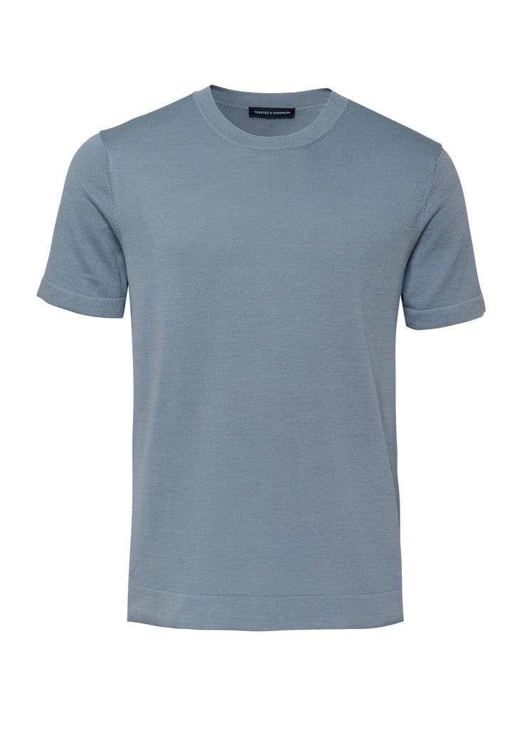Knitted T-shirt misty blue slim fit crew neck